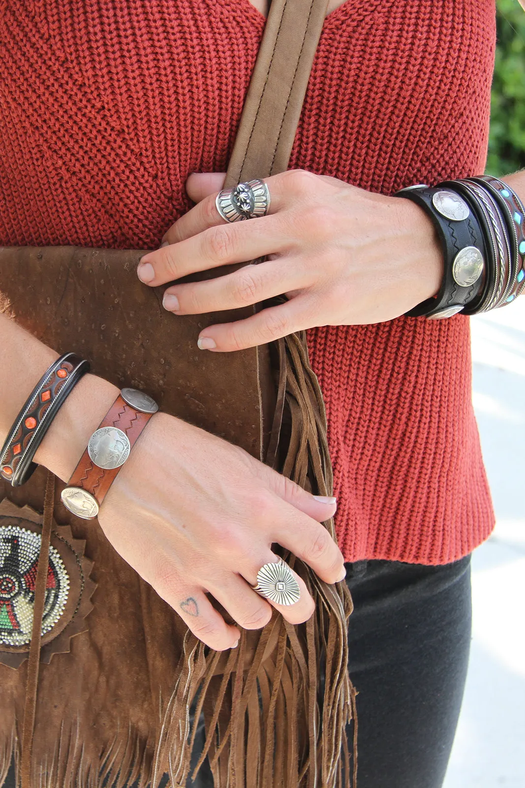 Black Buffalo Nickel Leather Snap Bracelets (Narrow)