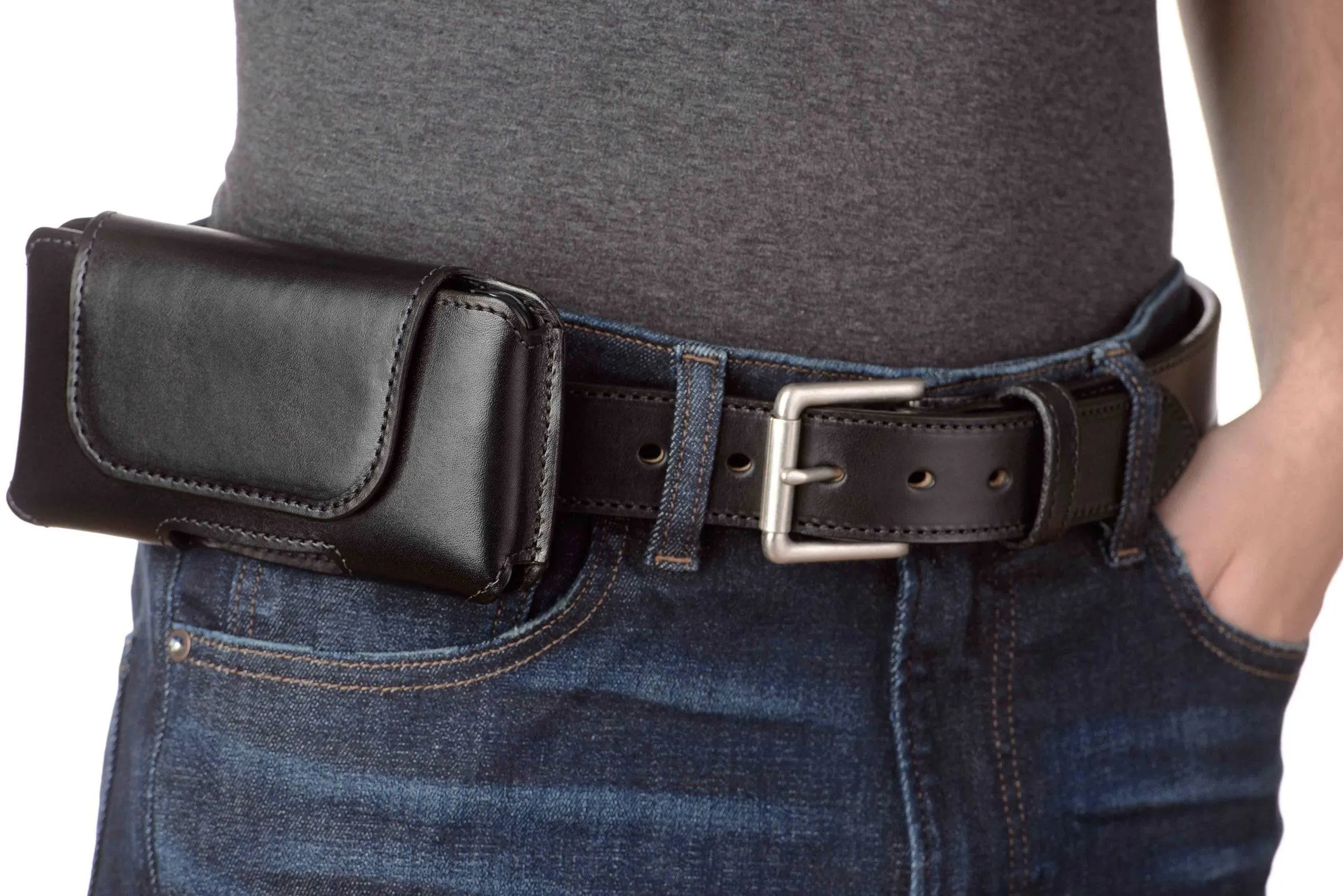 Black Deluxe Leather Horizontal Cellphone Holster Case