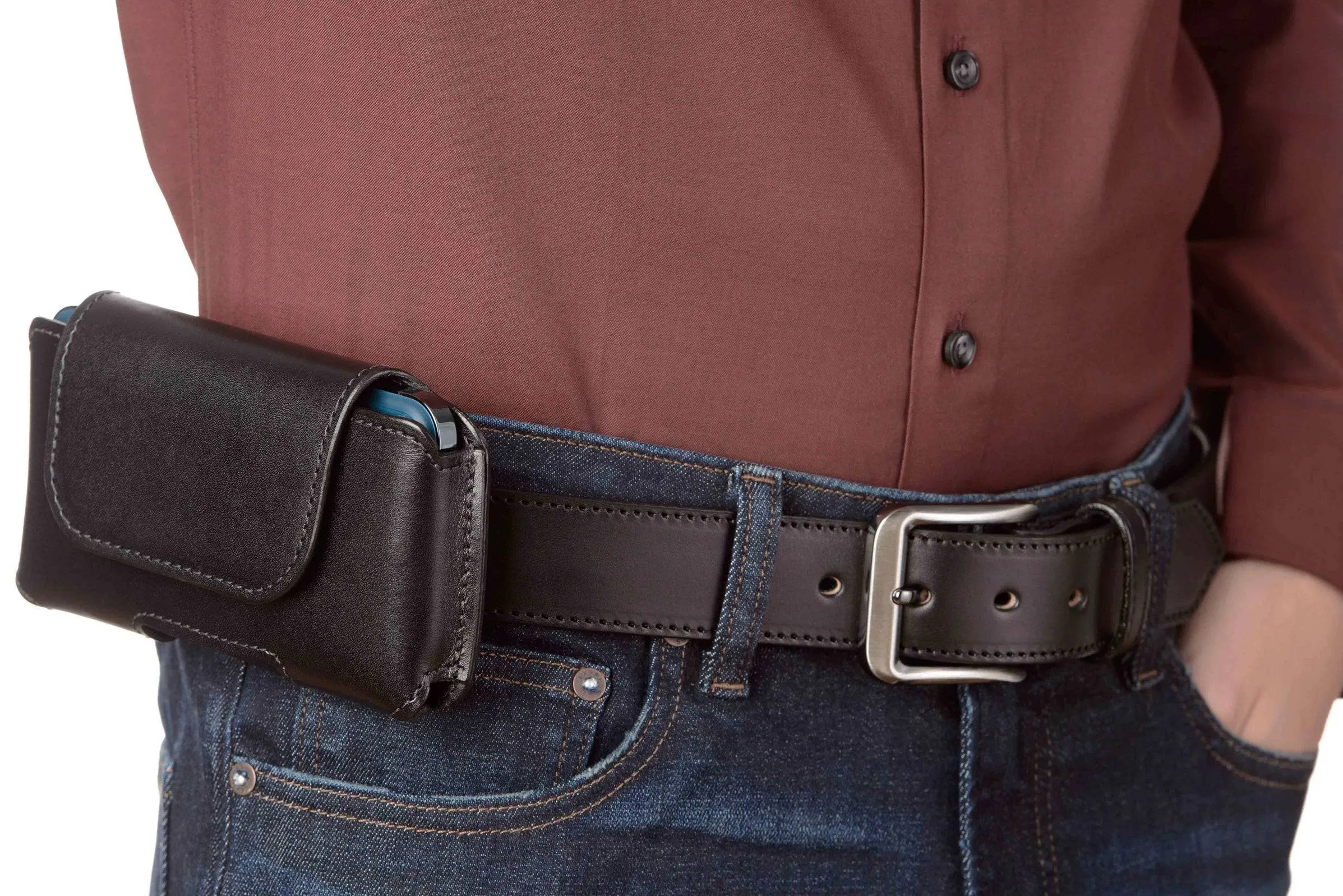 Black Deluxe Leather Horizontal Cellphone Holster Case