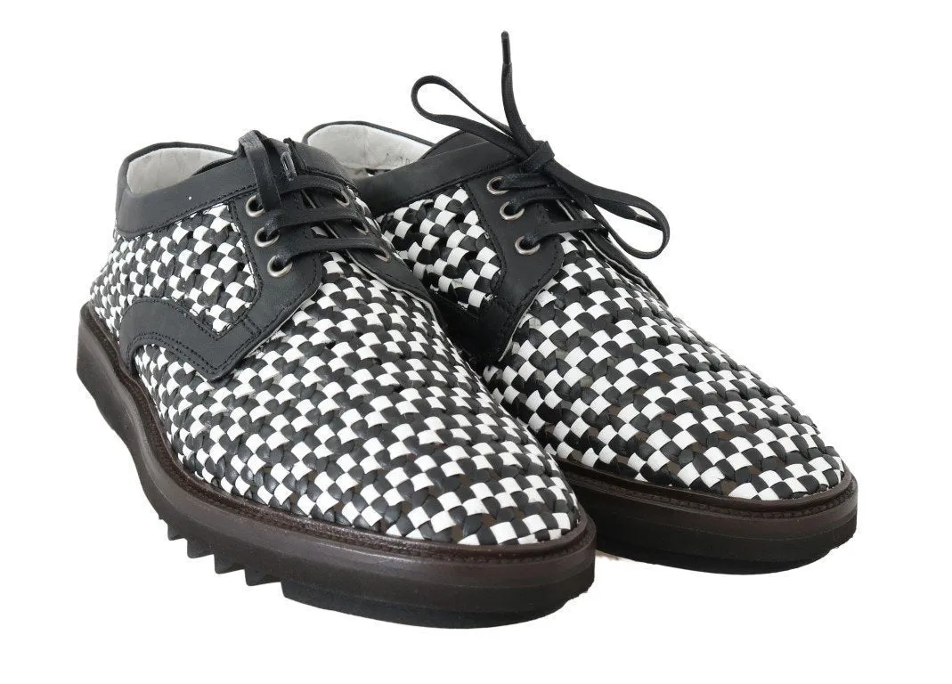 Black White Woven Leather Casual Shoes
