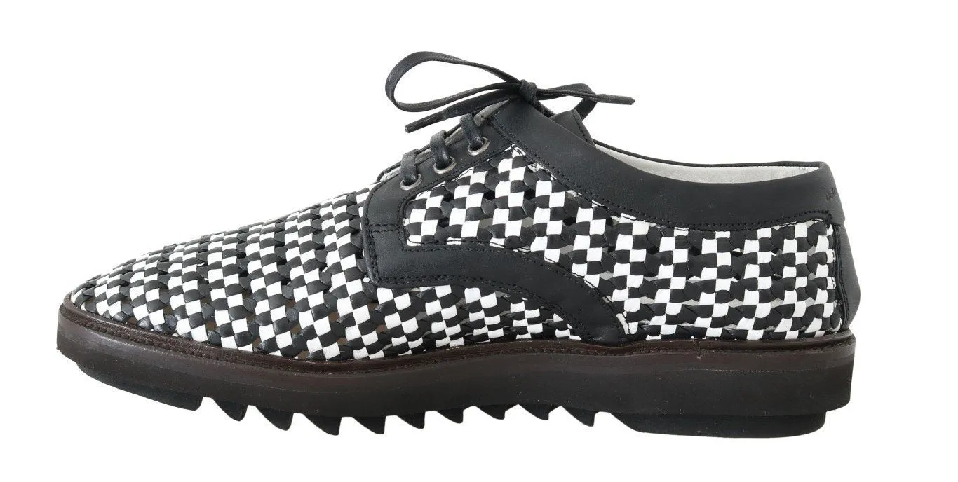 Black White Woven Leather Casual Shoes