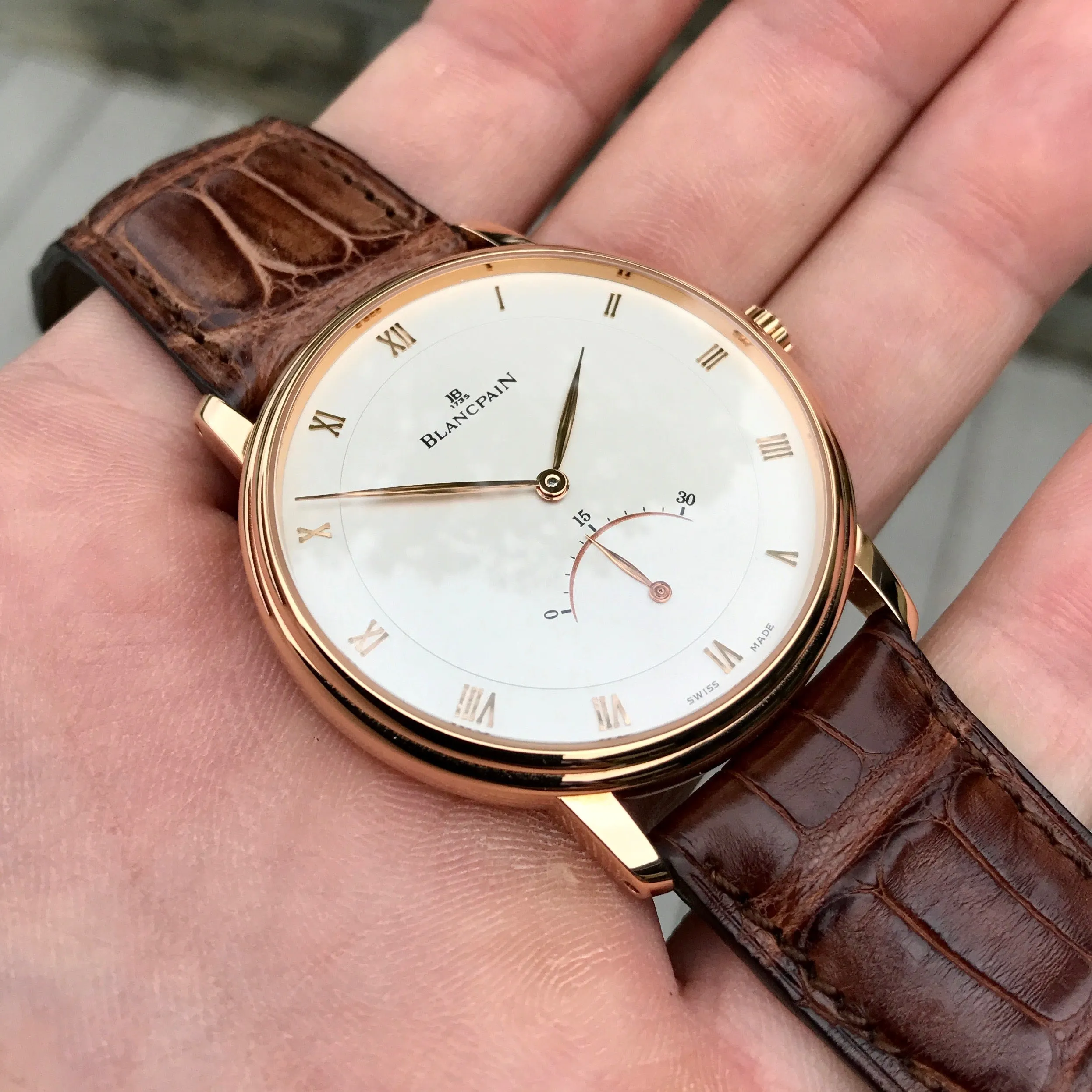 Blancpain Villeret Retrograde Seconds Ultra Slim 4063 18K Rose Gold Leather Automatic Silver Wristwatch