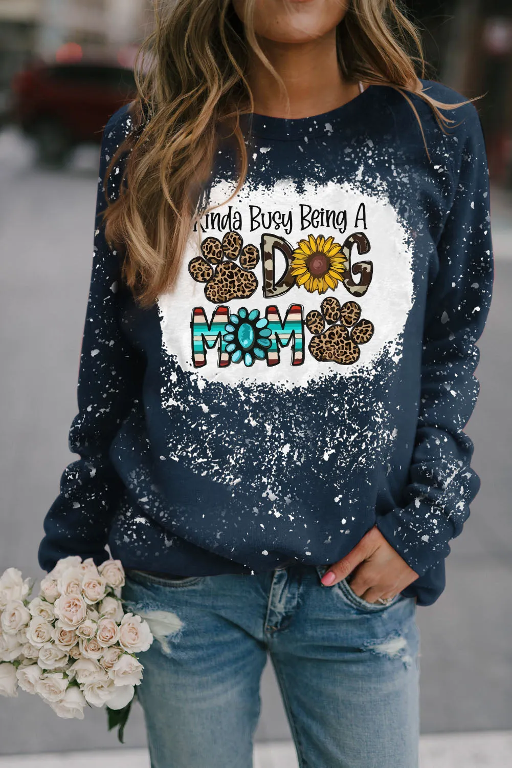 Blue Dog Mom Fashion Element Graphic Bleached Pullover