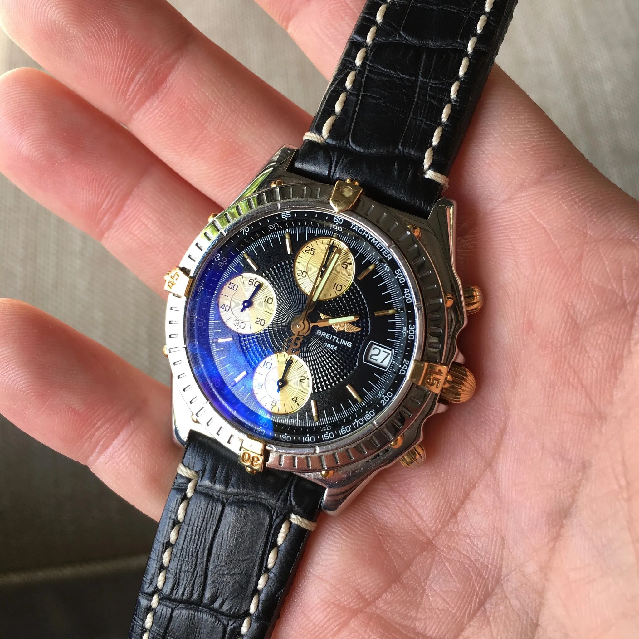 Breitling Chronomat B13050.1 Chronograph Two Tone Steel Gold Black Automatic Wristwatch