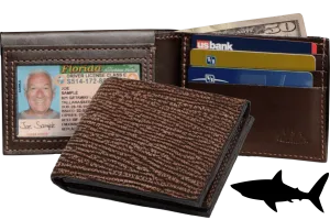 Brown Suede Shark Luxury Designer Exotic Bifold Wallet With Flip Up ID Window
