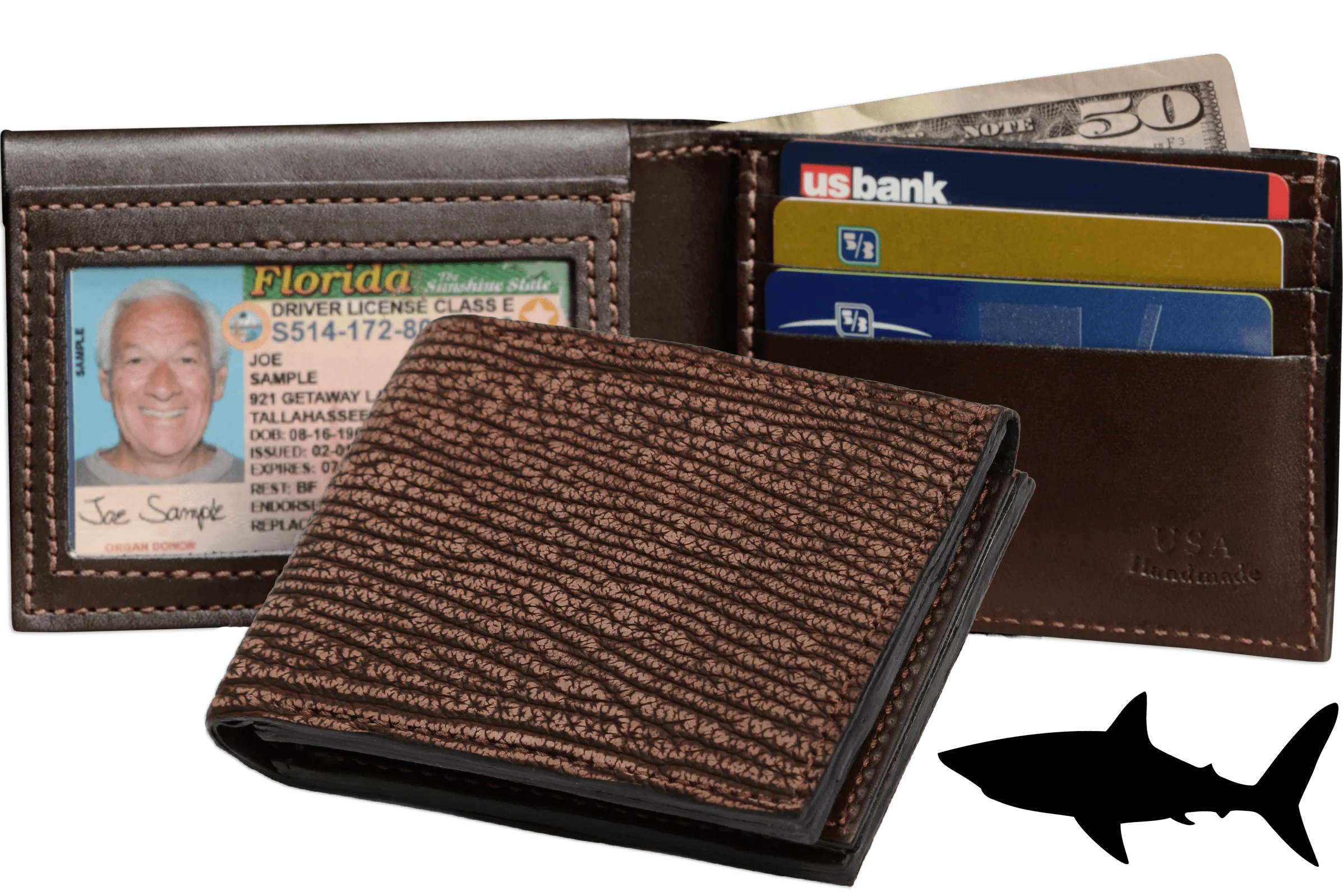 Brown Suede Shark Luxury Designer Exotic Bifold Wallet With Flip Up ID Window