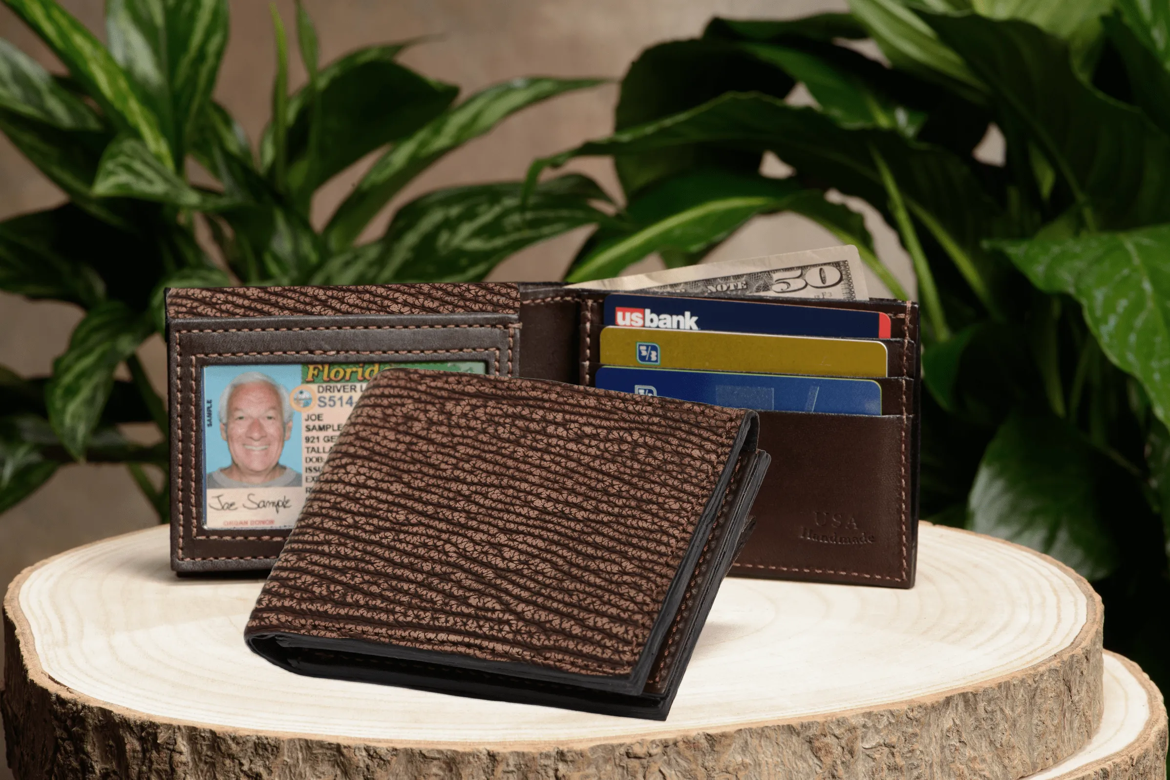 Brown Suede Shark Luxury Designer Exotic Bifold Wallet With Flip Up ID Window