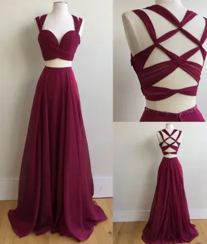 Burgundy two pieces long prom dress, burgundy evening dress