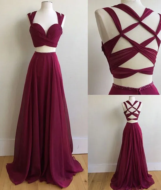 Burgundy two pieces long prom dress, burgundy evening dress