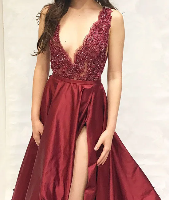 Burgundy v neck lace applique long prom dress, burgundy evening dress