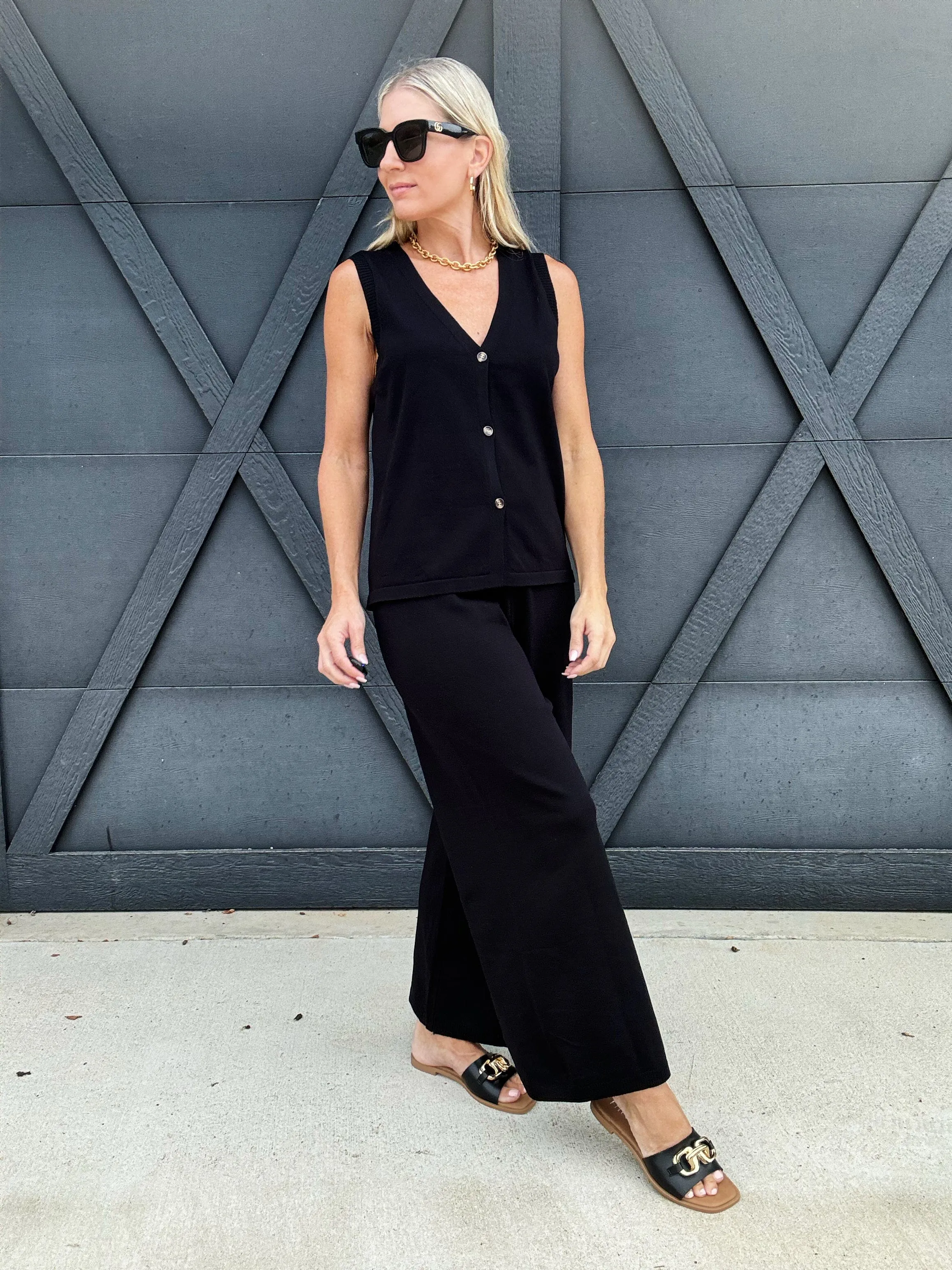 Button Down Sweater Vest Pant Set In Black