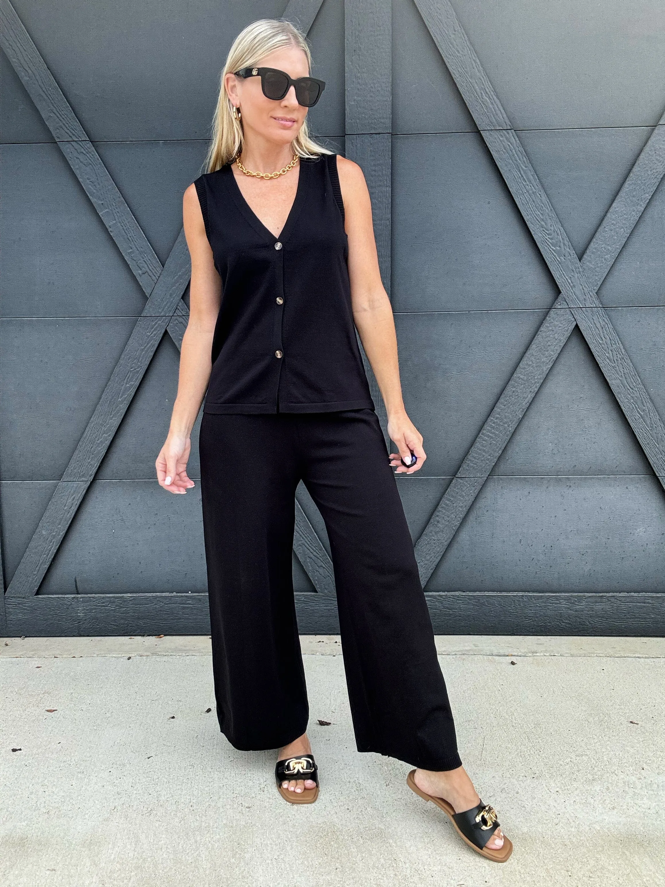 Button Down Sweater Vest Pant Set In Black