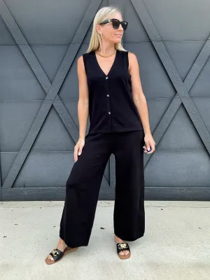Button Down Sweater Vest Pant Set In Black
