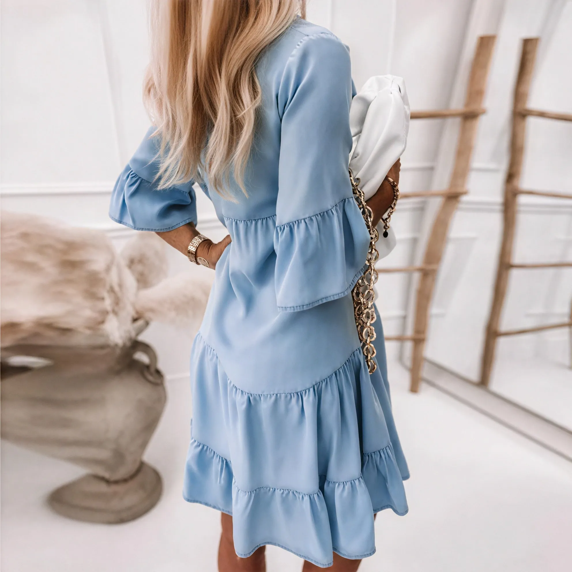 Button-Down Tiered Dress with Ruffled Sleeves
