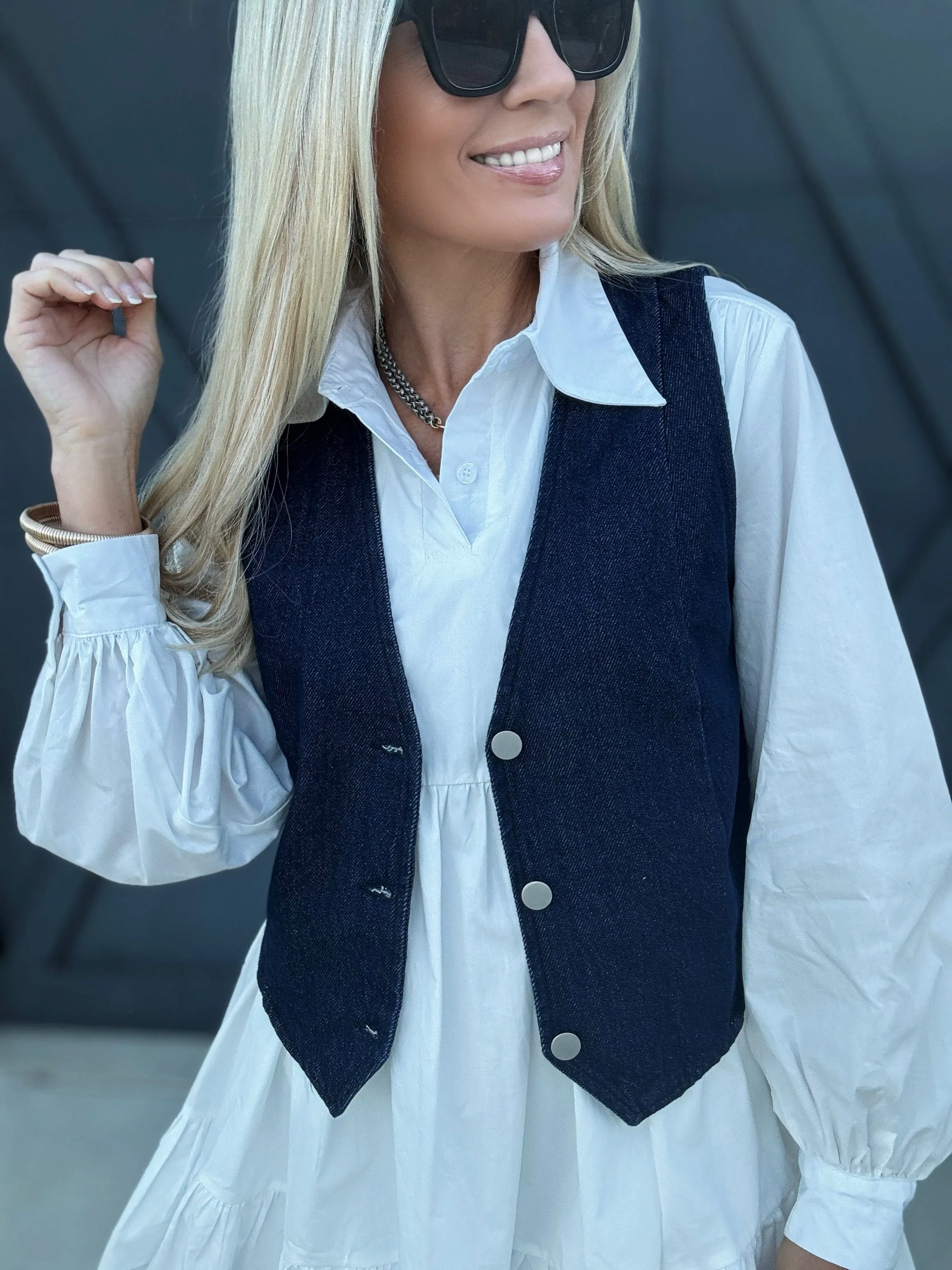 Button Down Washed Denim Vest In Indigo