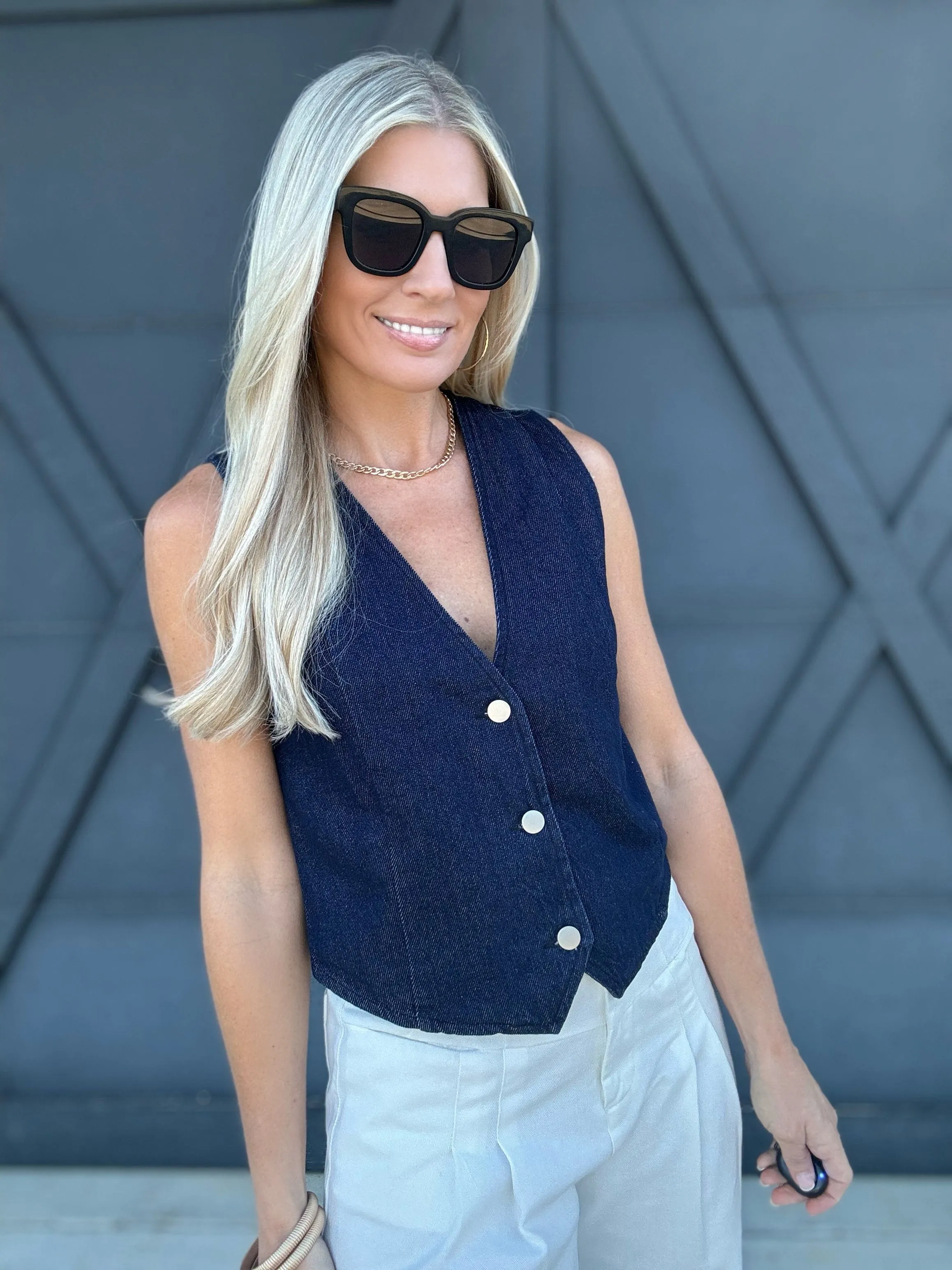 Button Down Washed Denim Vest In Indigo
