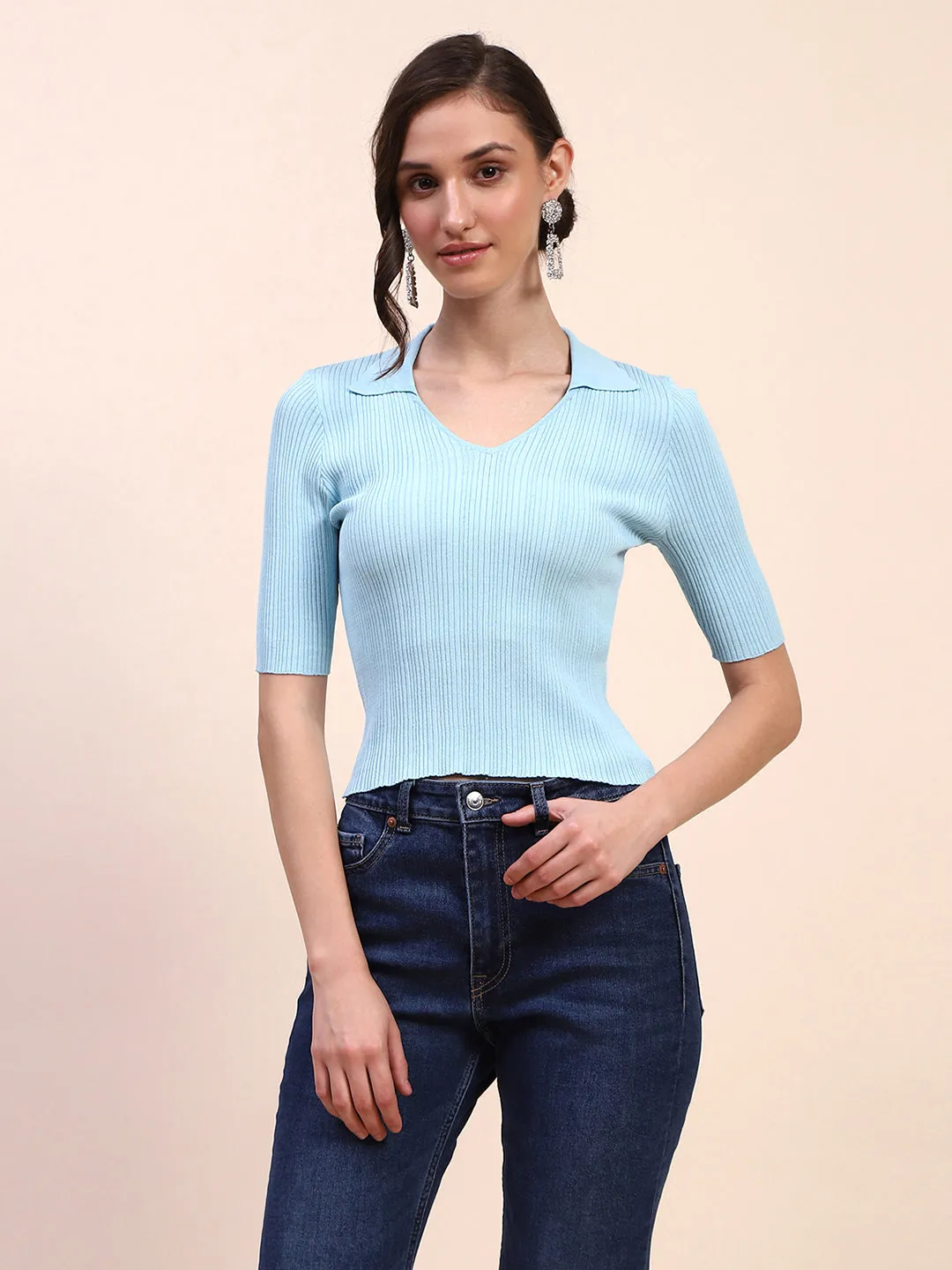 Camla Barcelona Ribbed Collared V Neck Skinny Fit Blue T-shirt
