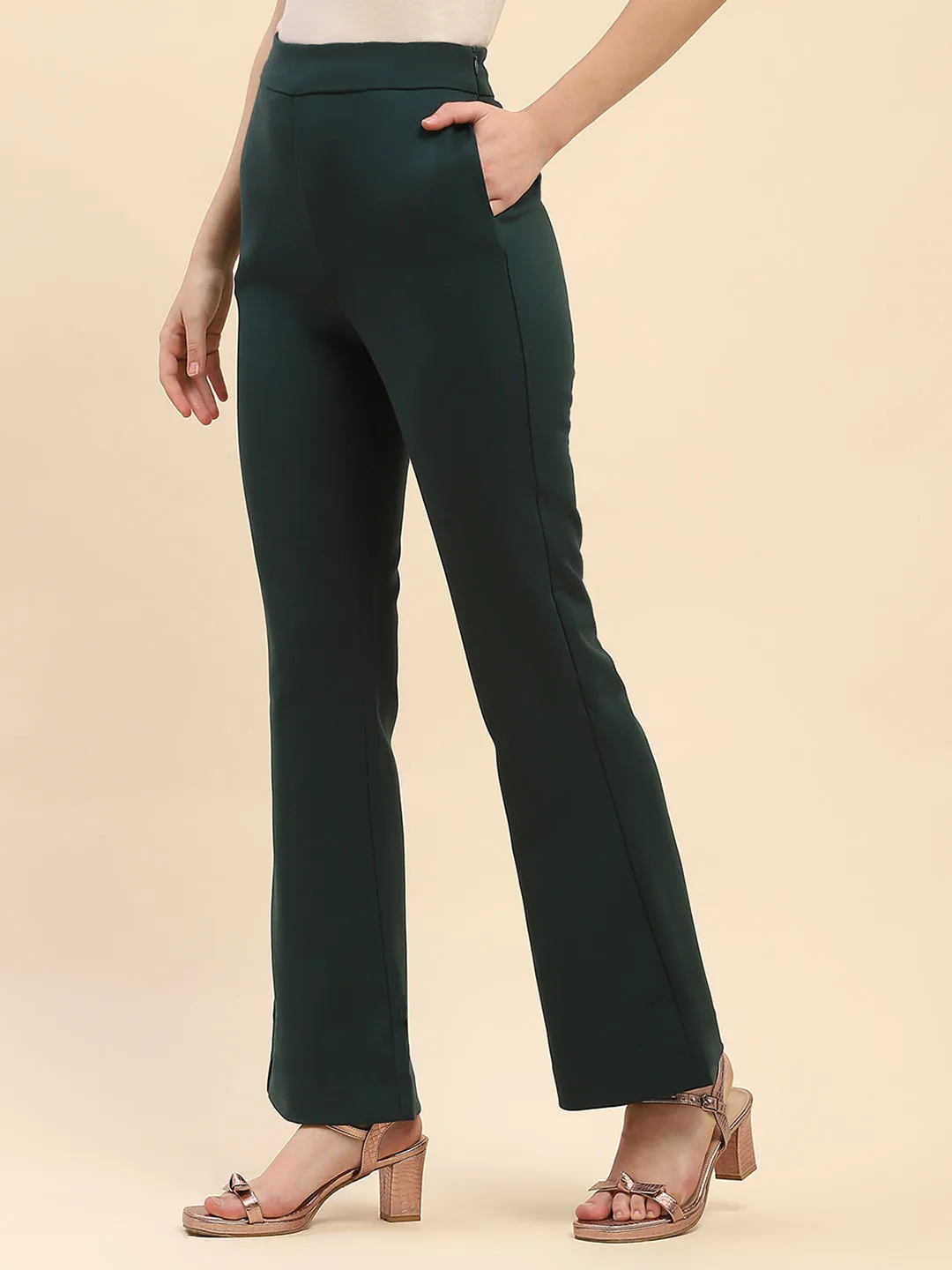Camla Barcelona Solid Emerald Green Flared Trouser