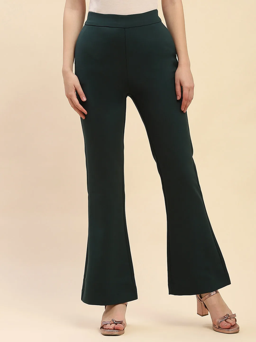 Camla Barcelona Solid Emerald Green Flared Trouser