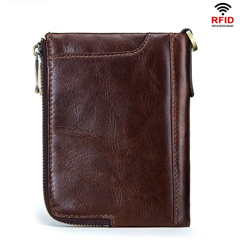 Casual Anti-theft Brush RFID Leather Double Zipper Men's Wallet