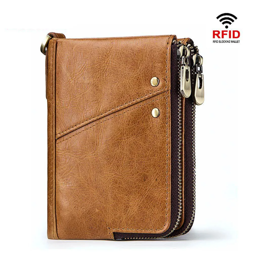 Casual Anti-theft Brush RFID Leather Double Zipper Men's Wallet