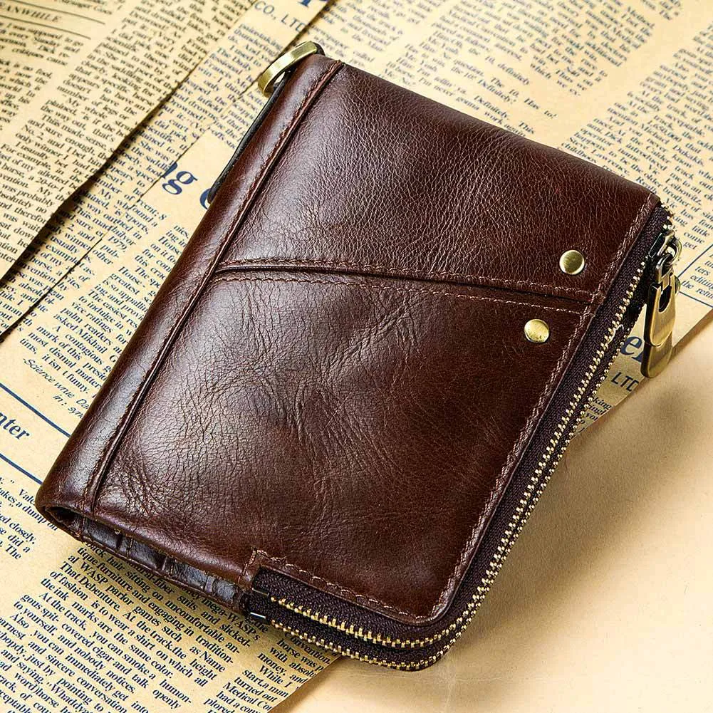 Casual Anti-theft Brush RFID Leather Double Zipper Men's Wallet