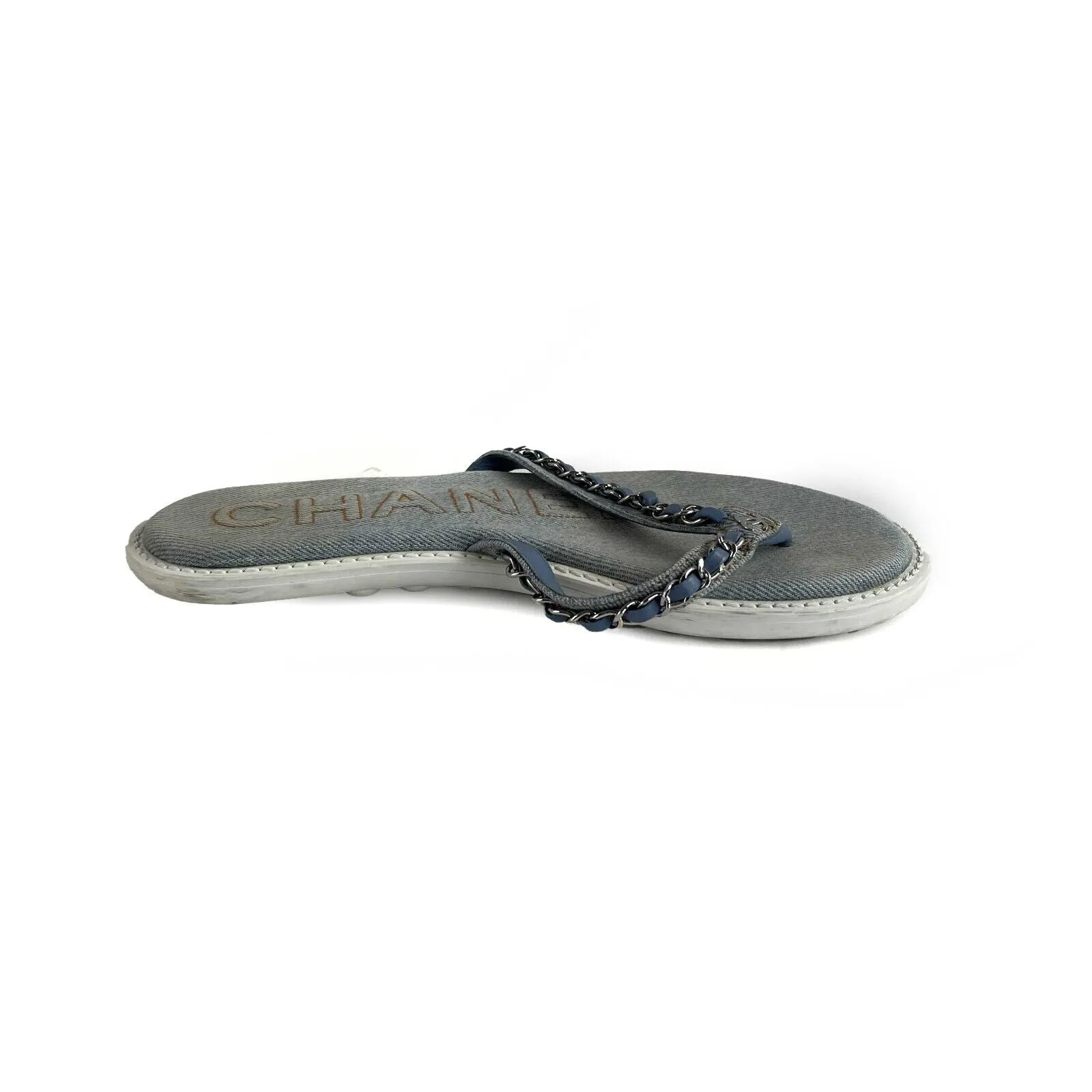 Chanel 2020 Interlocking CC Logo Denim Flip Flops 36 US 6 Good BlueWhite