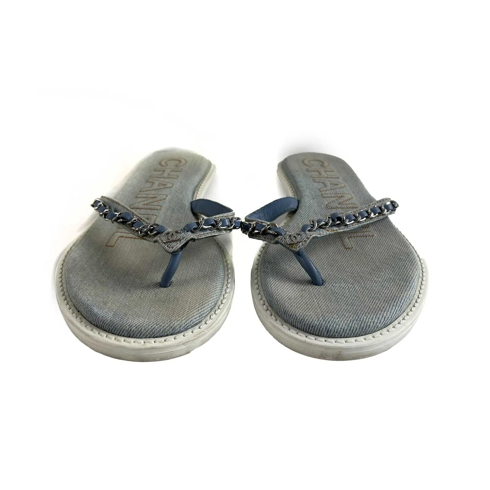Chanel 2020 Interlocking CC Logo Denim Flip Flops 36 US 6 Good BlueWhite