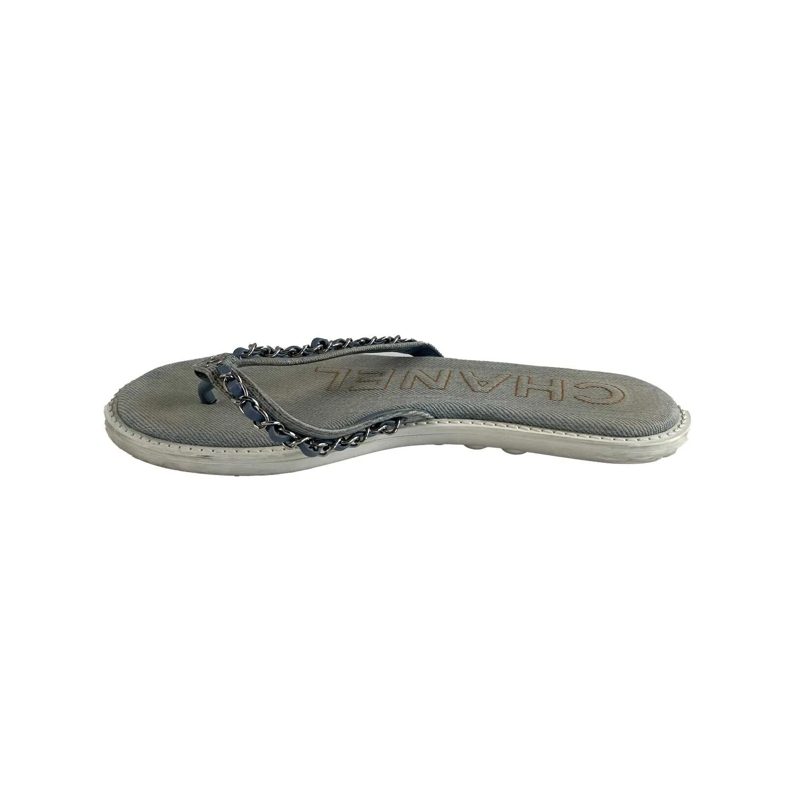Chanel 2020 Interlocking CC Logo Denim Flip Flops 36 US 6 Good BlueWhite