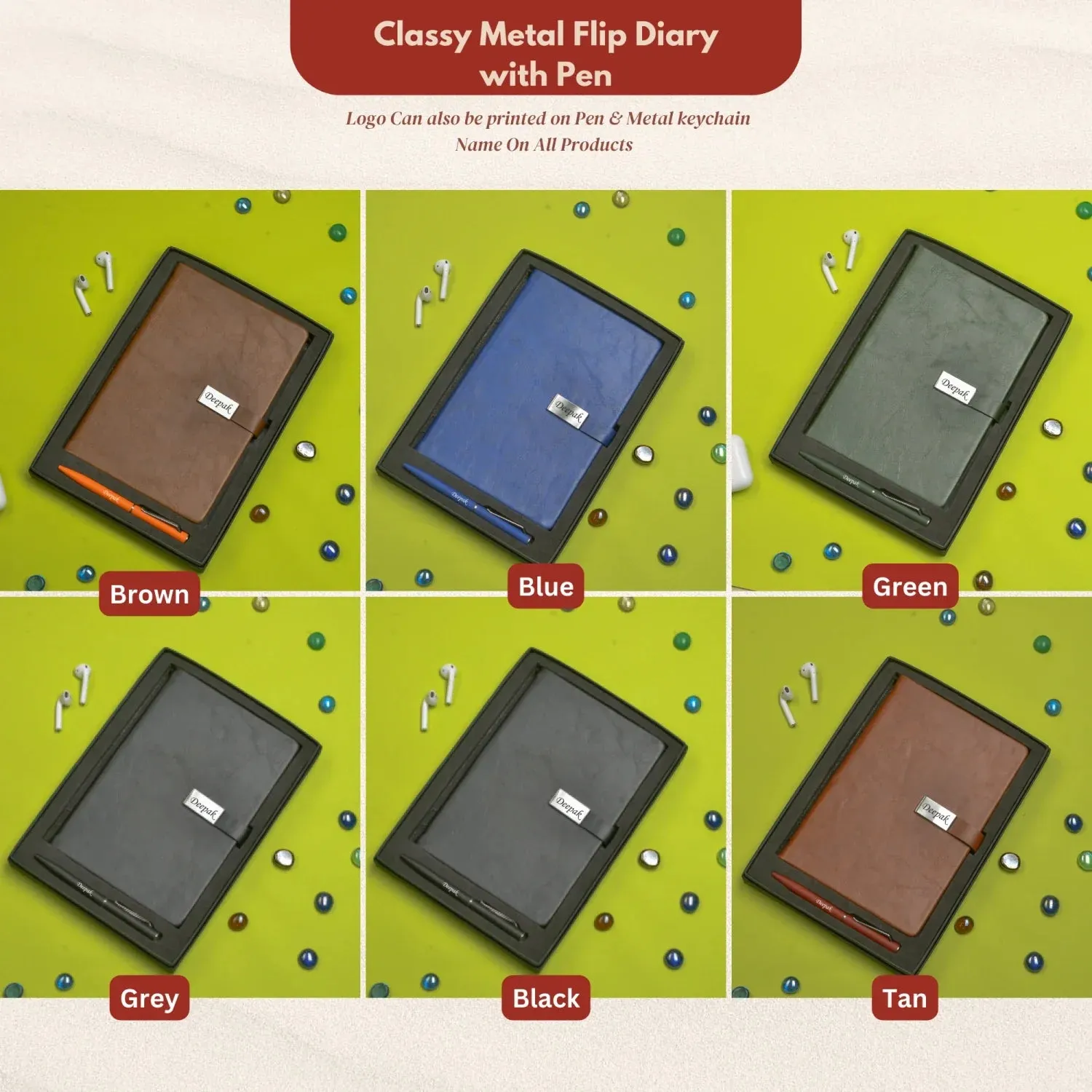 Classy Metal Flip Diary   Classic Metal Pen - Brown