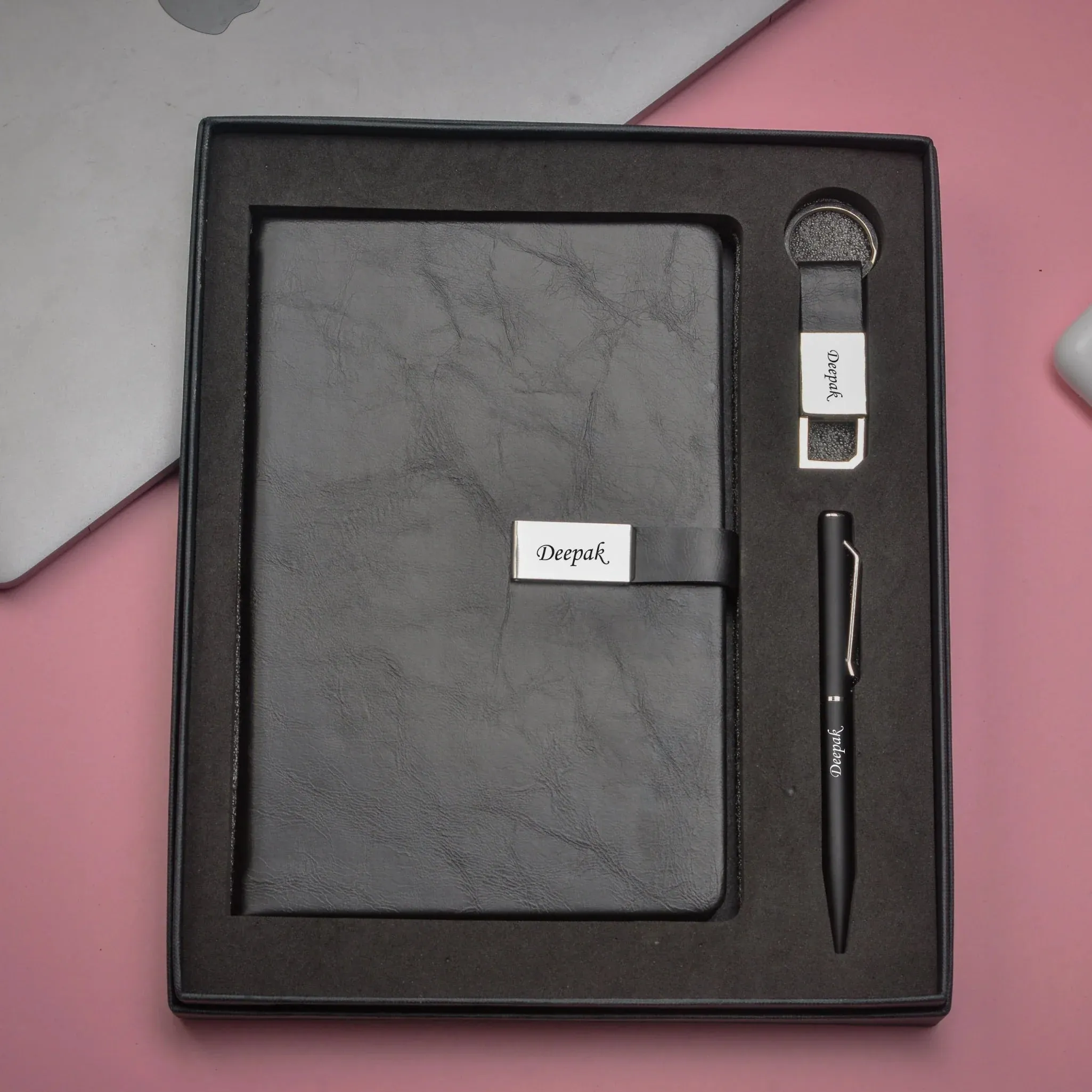 Classy Metal Flip Diary   Classic Metal Pen   Classy Leather Metal Keychain - Black