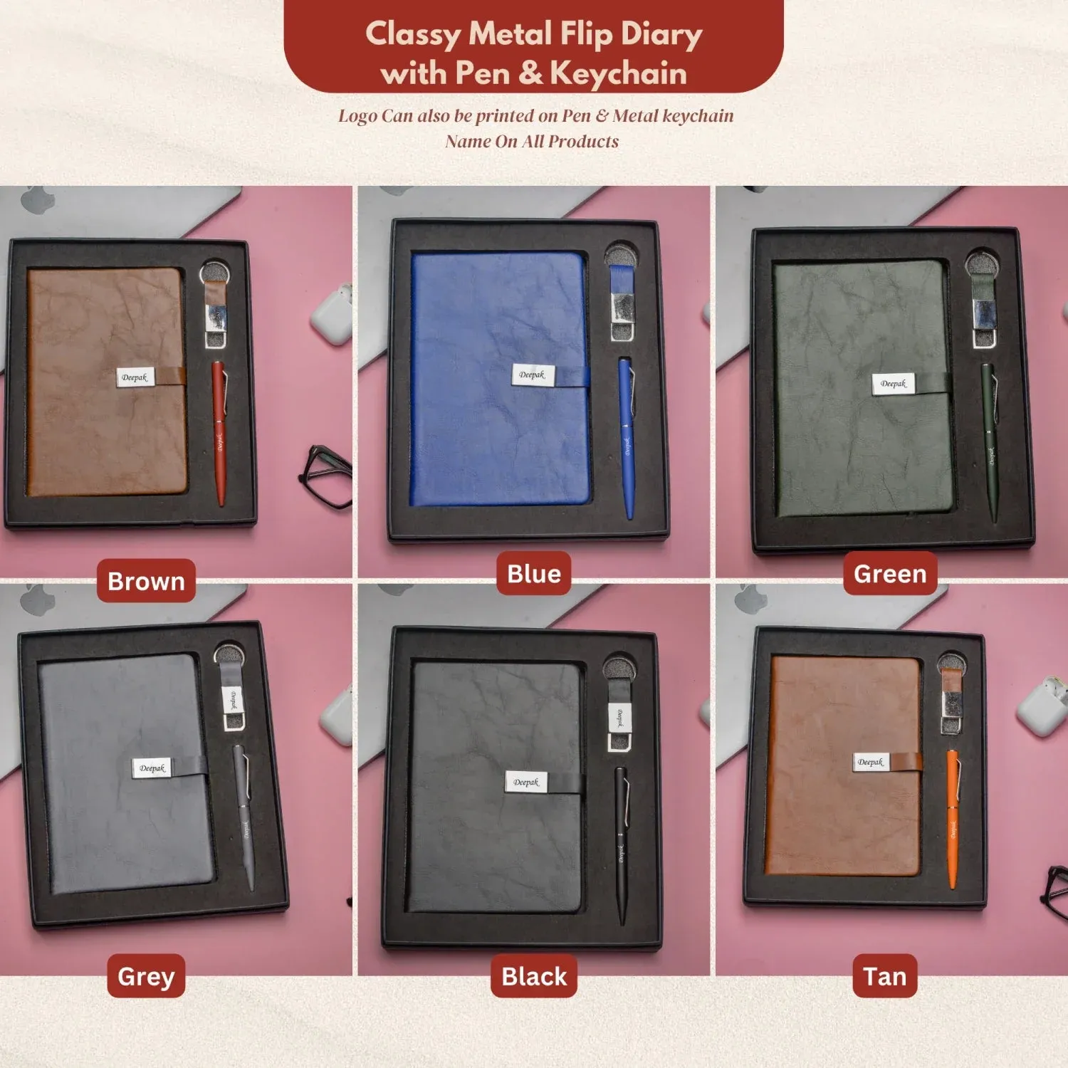 Classy Metal Flip Diary   Classic Metal Pen   Classy Leather Metal Keychain - Black