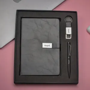 Classy Metal Flip Diary   Classic Metal Pen   Classy Leather Metal Keychain - Black