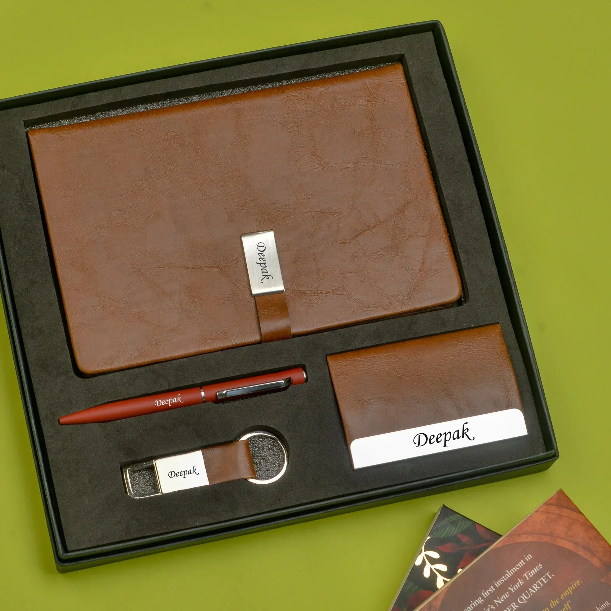 Classy Metal Flip Diary   Classic Metal Pen   Classy Leather Metal Keychain   Classy Card Holder - Tan