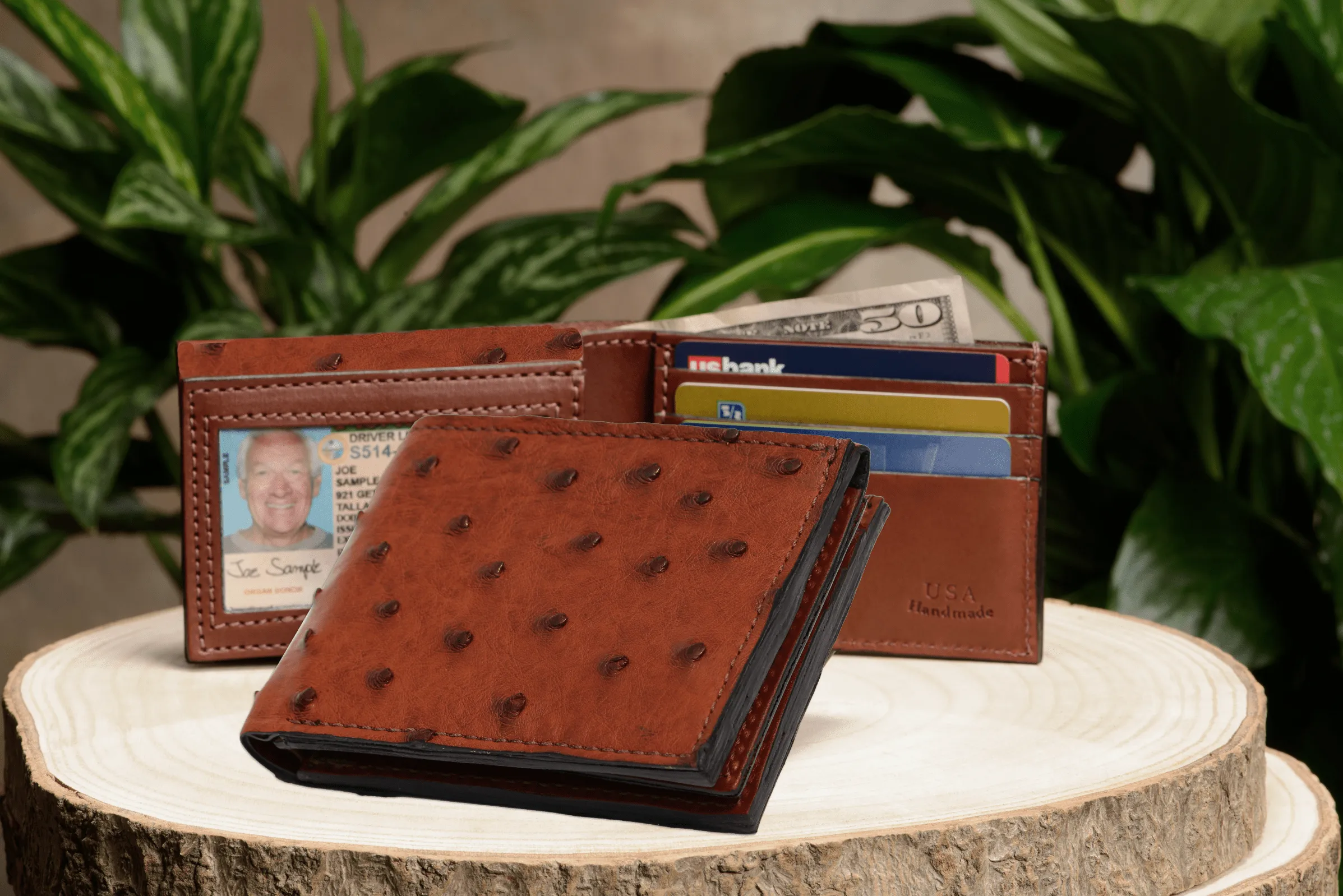 Cognac Ostrich Full Quill Luxury Designer Exotic Bifold Wallet With Flip Up ID Window