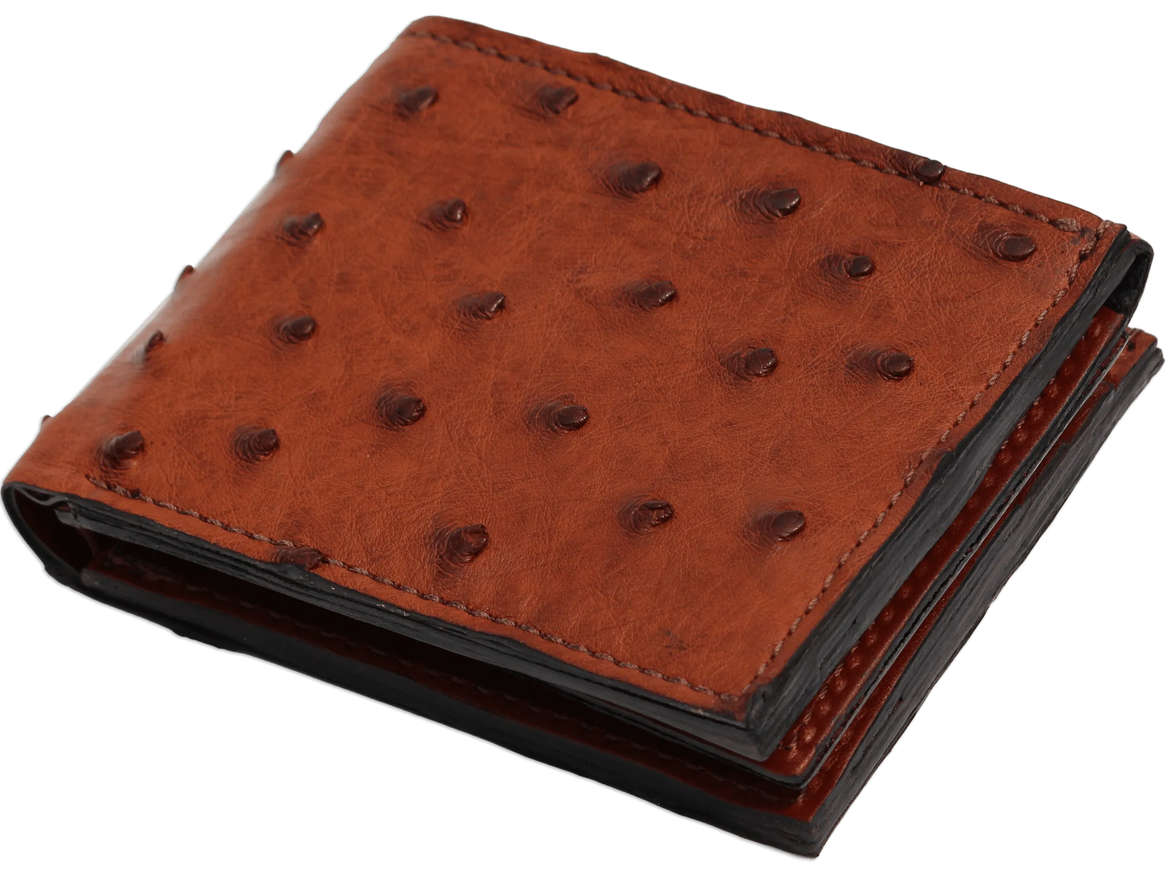 Cognac Ostrich Full Quill Luxury Designer Exotic Bifold Wallet With Flip Up ID Window
