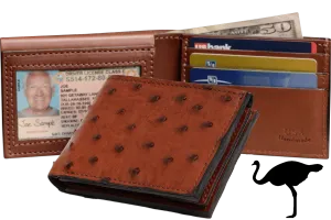 Cognac Ostrich Full Quill Luxury Designer Exotic Bifold Wallet With Flip Up ID Window