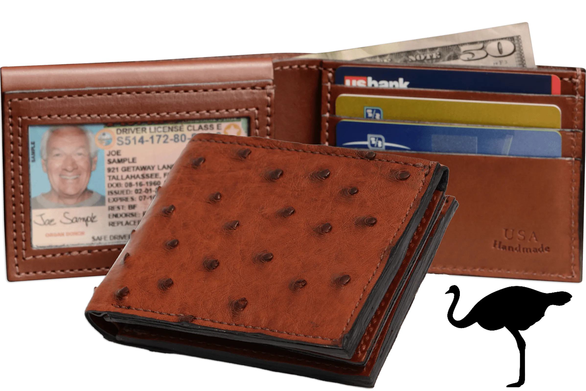 Cognac Ostrich Full Quill Luxury Designer Exotic Bifold Wallet With Flip Up ID Window