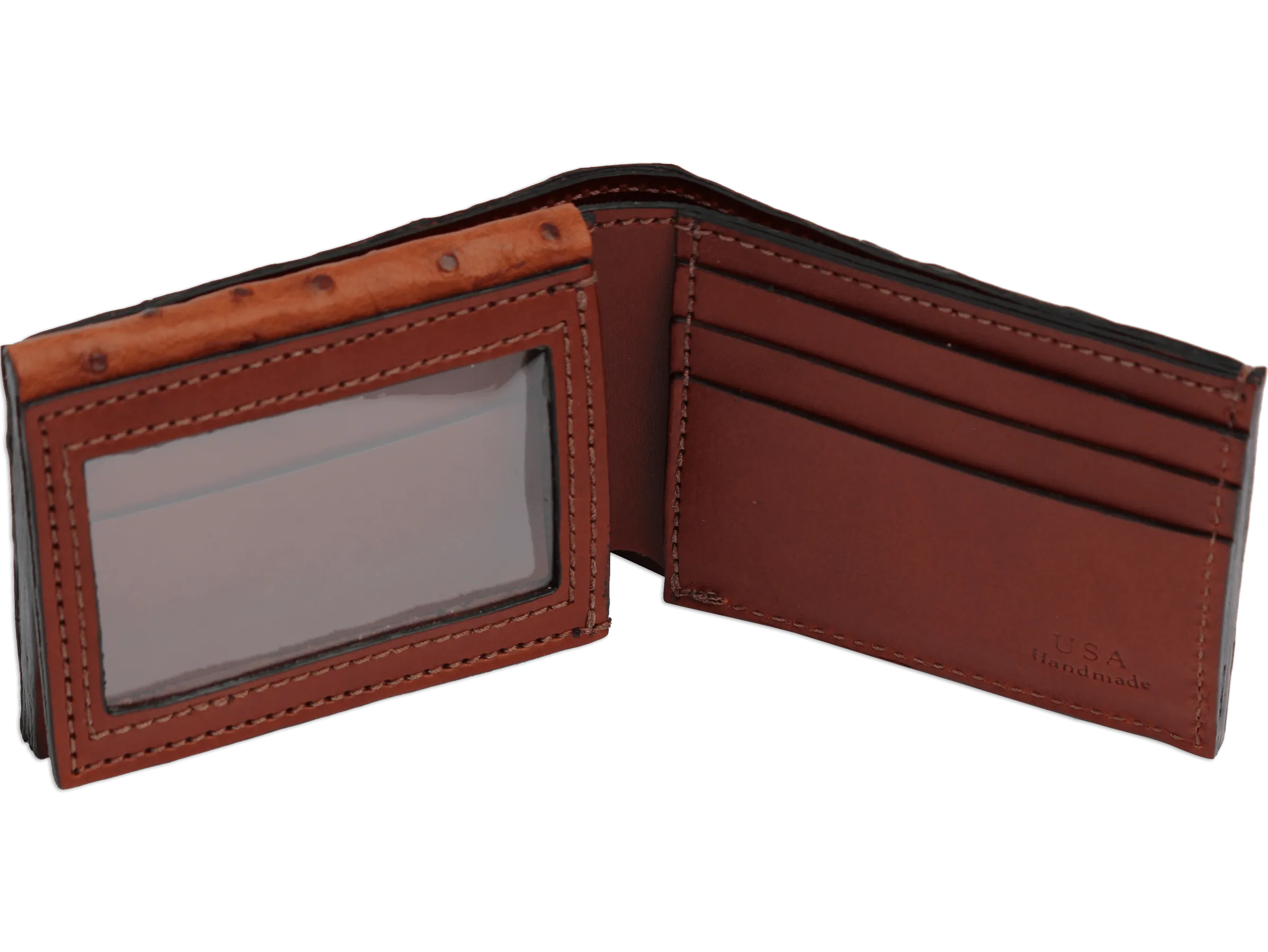 Cognac Ostrich Full Quill Luxury Designer Exotic Bifold Wallet With Flip Up ID Window
