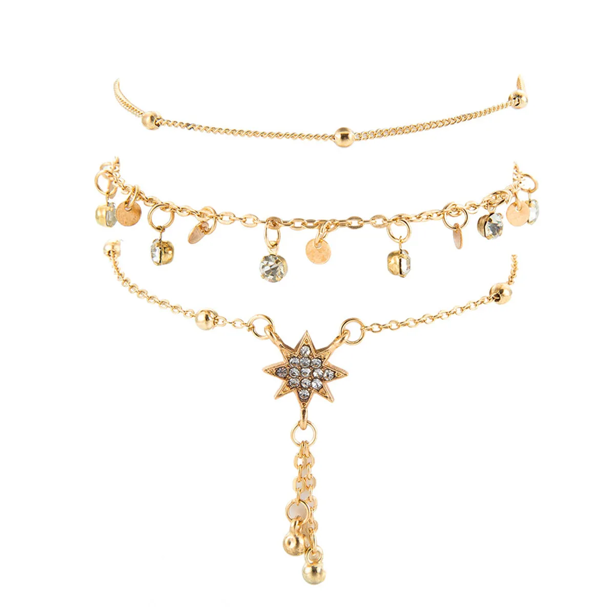 Cubic Zirconia & 18K Gold-Plated Sun Tassel-Accent Anklet Set