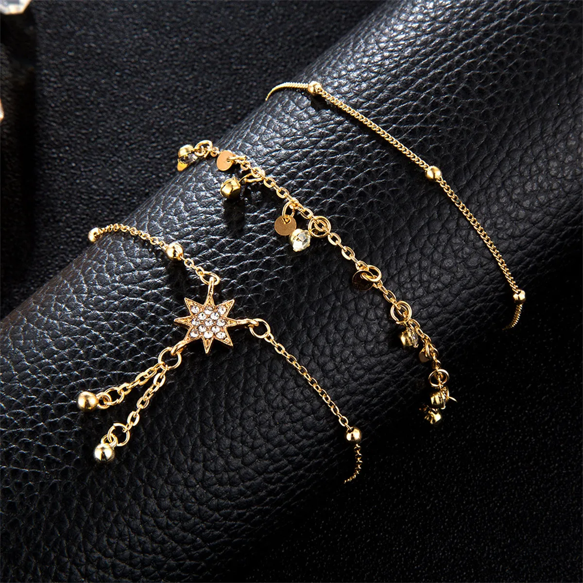 Cubic Zirconia & 18K Gold-Plated Sun Tassel-Accent Anklet Set