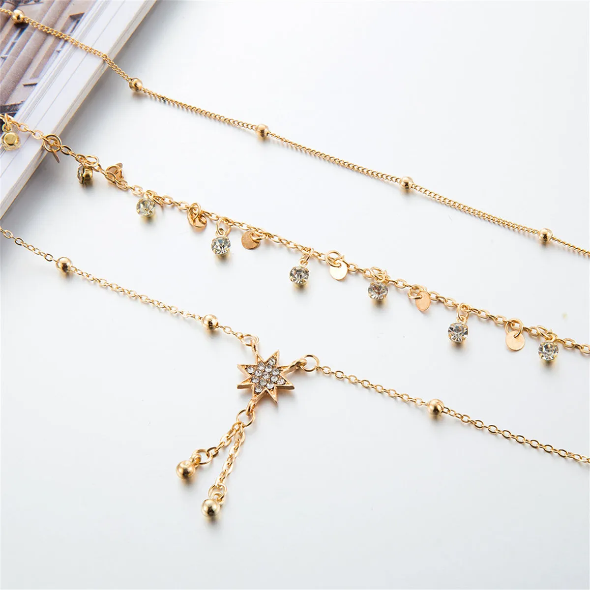 Cubic Zirconia & 18K Gold-Plated Sun Tassel-Accent Anklet Set