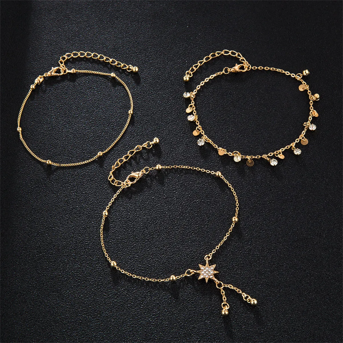 Cubic Zirconia & 18K Gold-Plated Sun Tassel-Accent Anklet Set