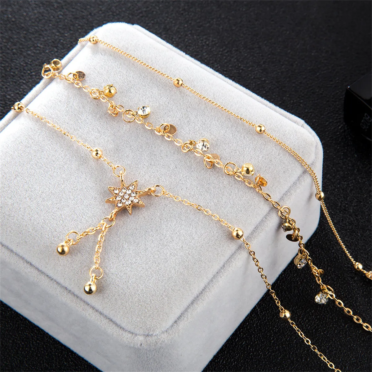 Cubic Zirconia & 18K Gold-Plated Sun Tassel-Accent Anklet Set