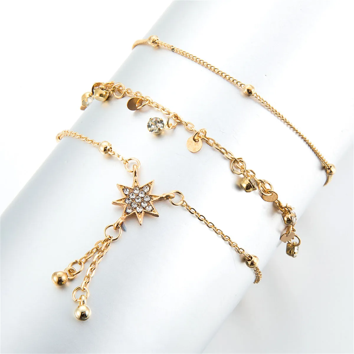 Cubic Zirconia & 18K Gold-Plated Sun Tassel-Accent Anklet Set