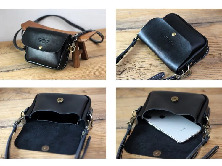 Cute Black LEATHER Flip Side Bag Handmade WOMEN Phone Crossbody BAG Purse FOR WOMEN