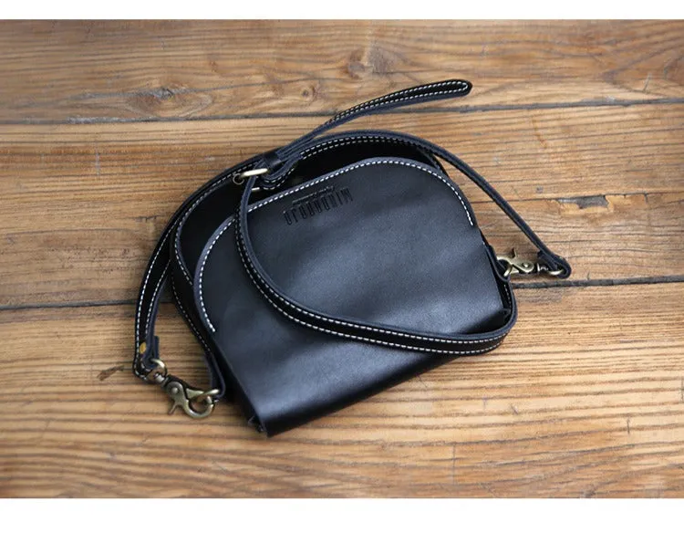 Cute Black LEATHER Flip Side Bag Handmade WOMEN Saddle Phone Crossbody BAG Purse FOR WOMEN