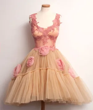 Cute champagne lace tulle short prom dress. cute homecoming dress