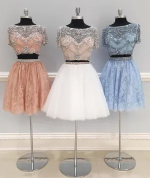 Cute two pieces tulle beads short prom dress, homecoming dress