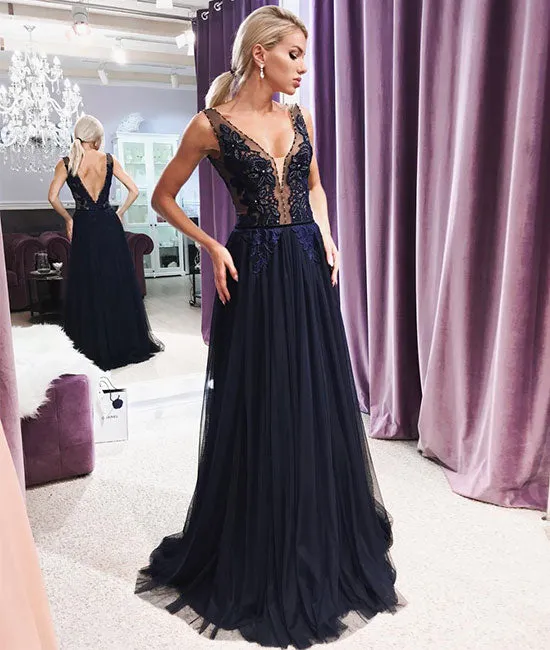 Dark blue v neck lace chiffon long prom dress, lace evening dress